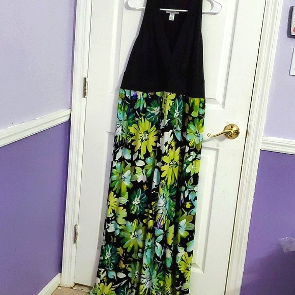 London Times Colorful Green Floral Sleeveless Comfy Jersey Maxi Dress Plus 14W